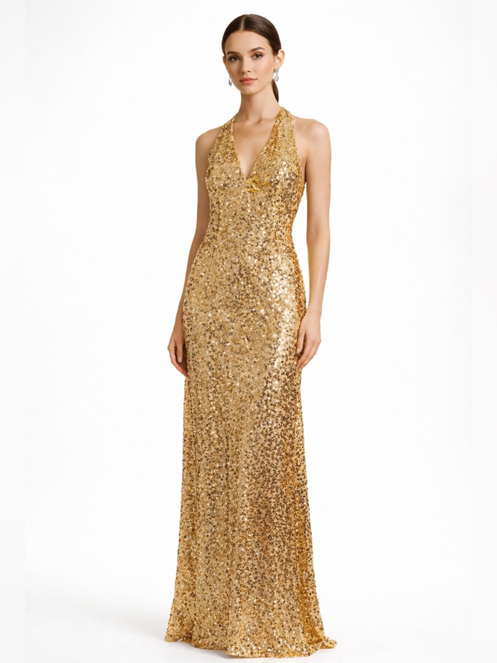 Forever Unique Couture Gold Sequin Halter Maxi Evening Gown. Retail $350 Size: 0